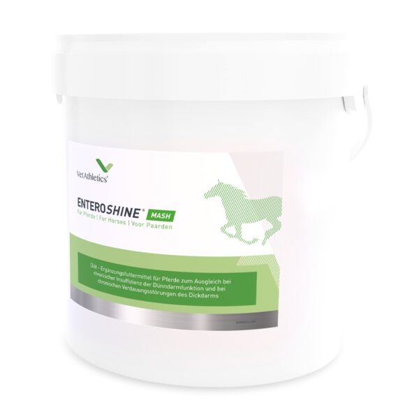 A bucket of horse feed with an image of a horse and ENTEROSHINE® MASH.