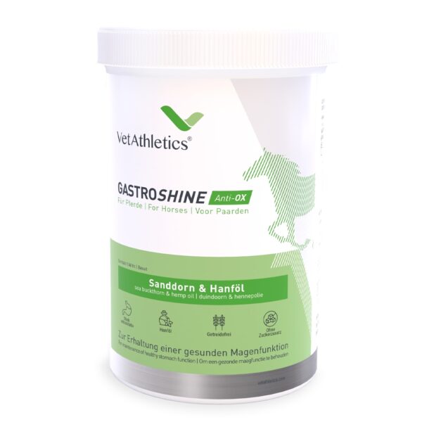 A container of GASTROSHINE Anti-OX - Stomach powder for horses.