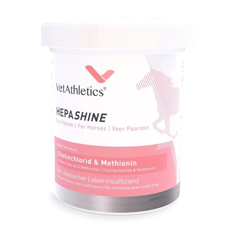 Ein Glas HEPASHINE für Pferde mit chronischer Leberinsuffizienz, enthält Melatonin.