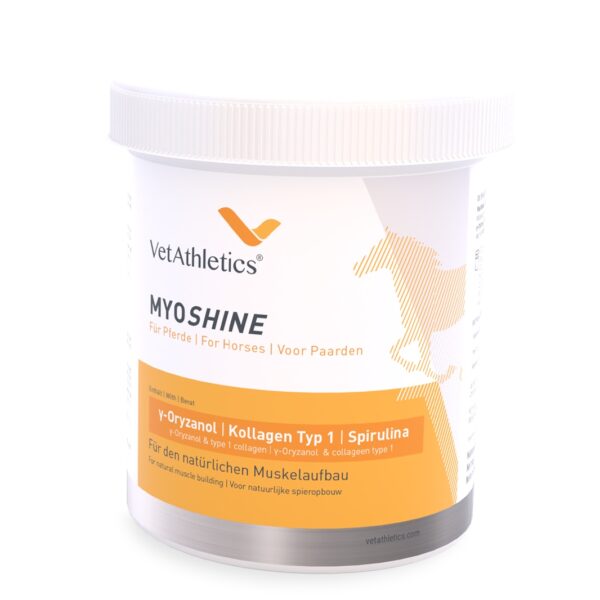 A jar of MYOSHINE - Muscle building powder - for horses - with spirulina algae on a white background.