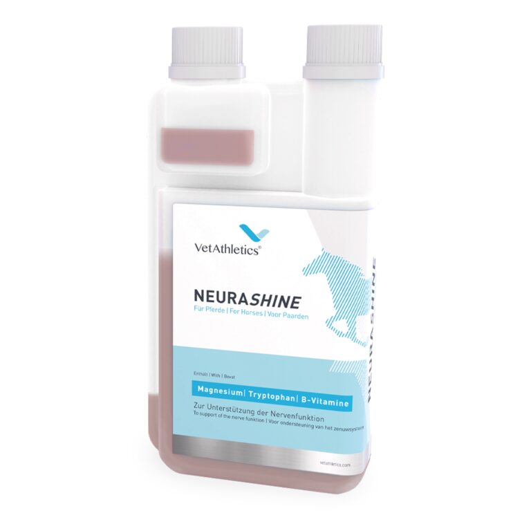 Eine Flasche NEURASHINE - Nerven-Liquid für Pferde auf weißem Hintergrund.