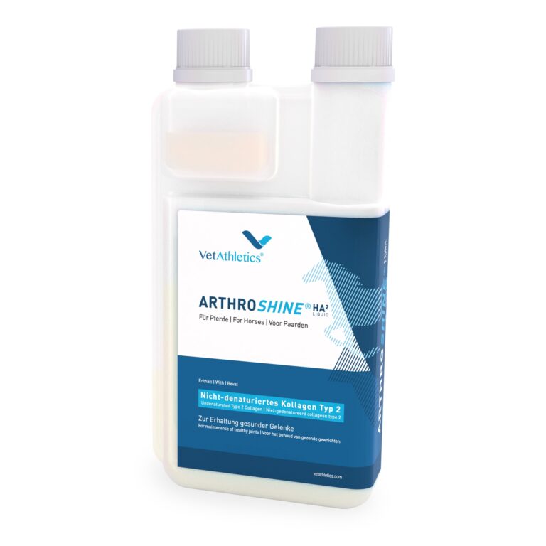Una bottiglia di ARTHROSHINE® HA² LIQUID e Joint Liquid per cavalli su uno sfondo bianco.